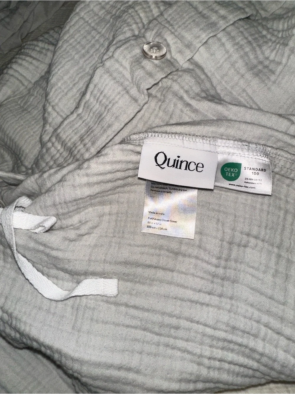 QUINCE Organic Airy Gauze Duvet Cover in Light Grey Buttons Full/Queen - NWOT